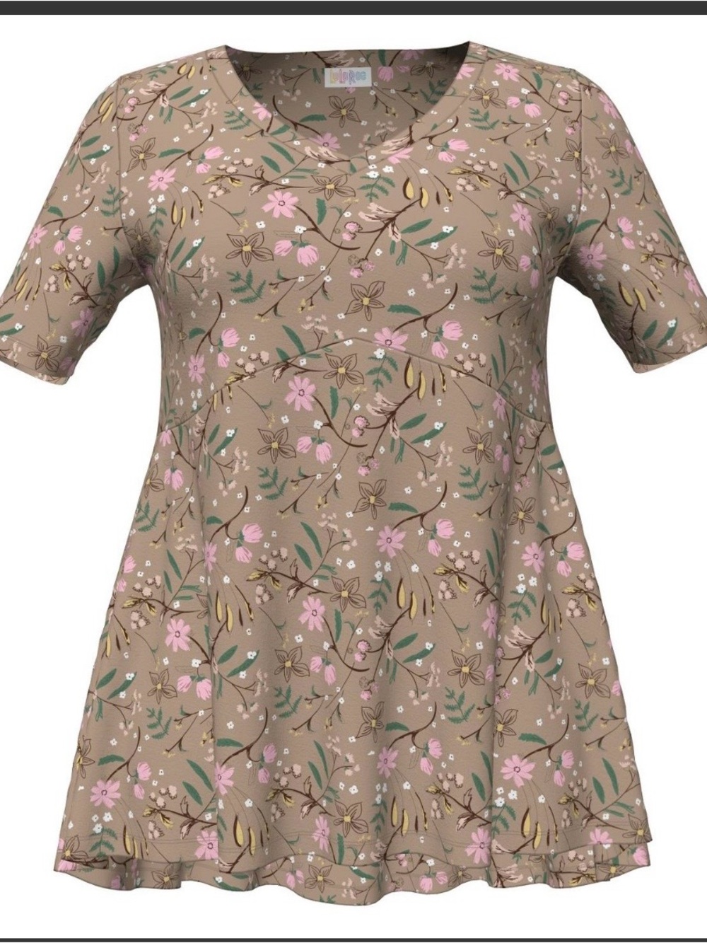 LuLaRoe Jana XL Taupe Floral Short-Sleeve A-Line Top with Pink & Green Accents